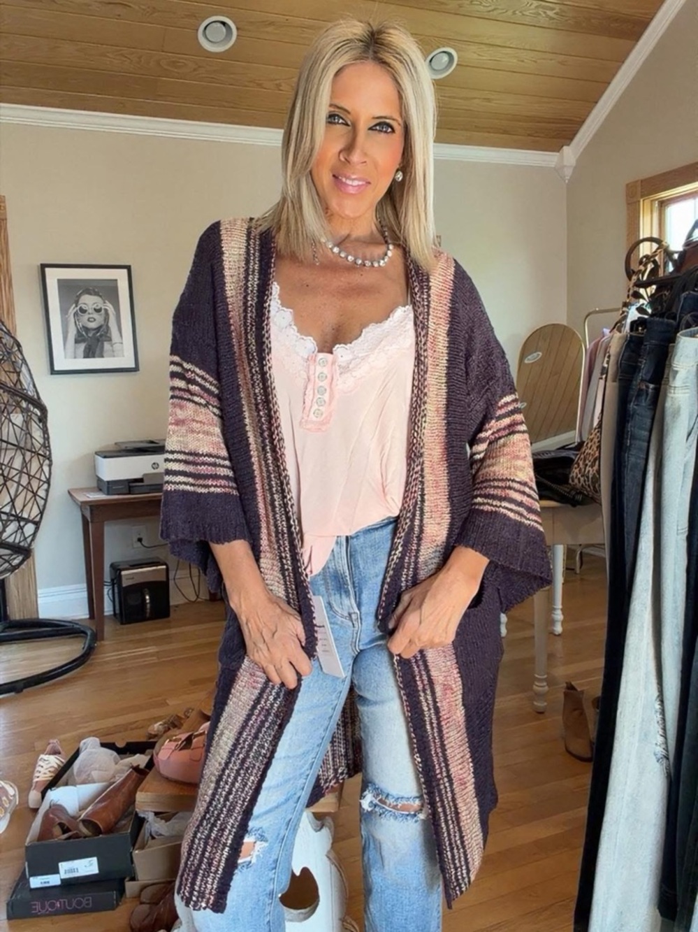 Striped Open Front Knit Cardigan - Purple & Tan